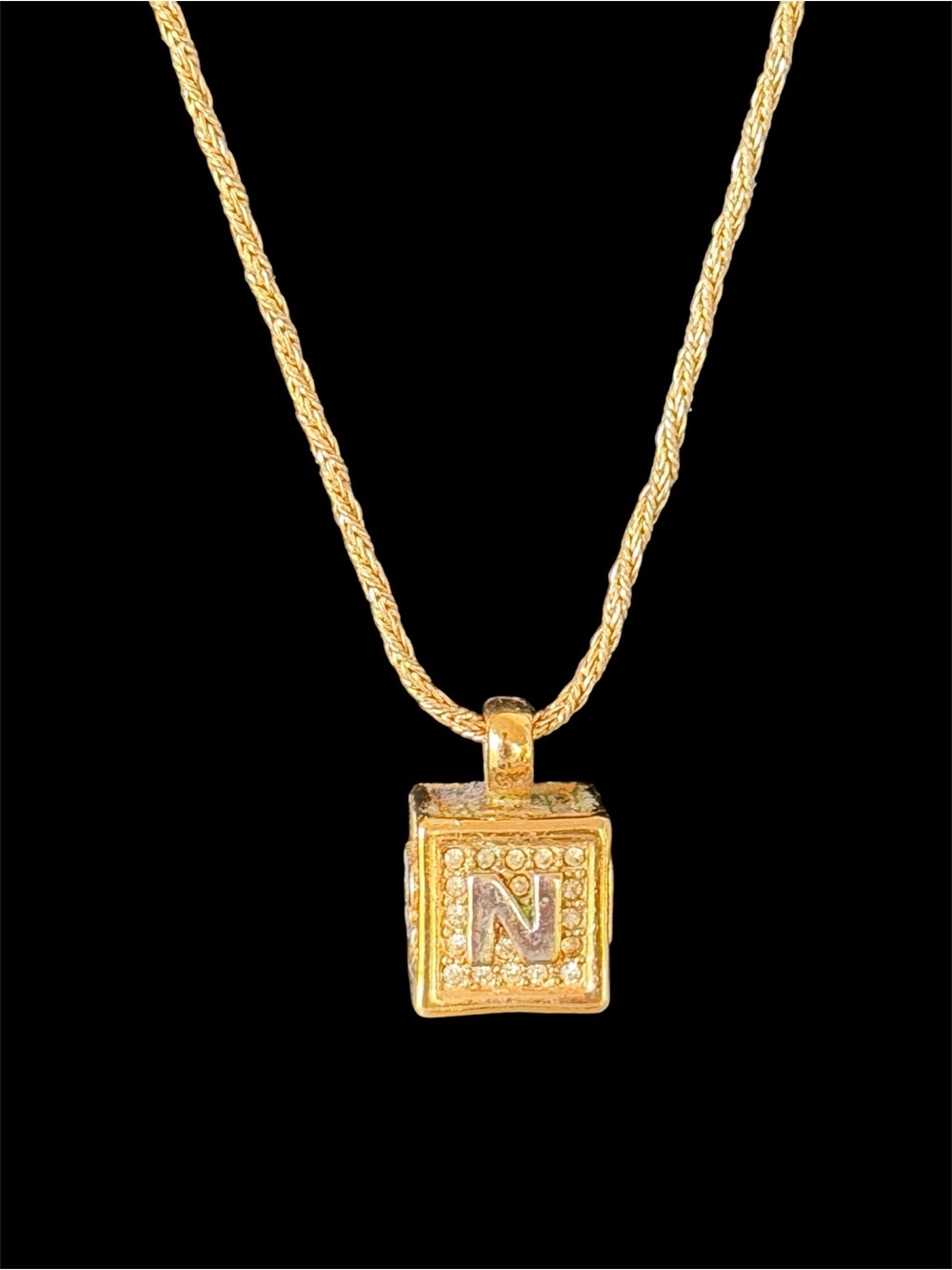 Nina Ricci Gold Plated CZ CUBE Pendant w/ NR logo